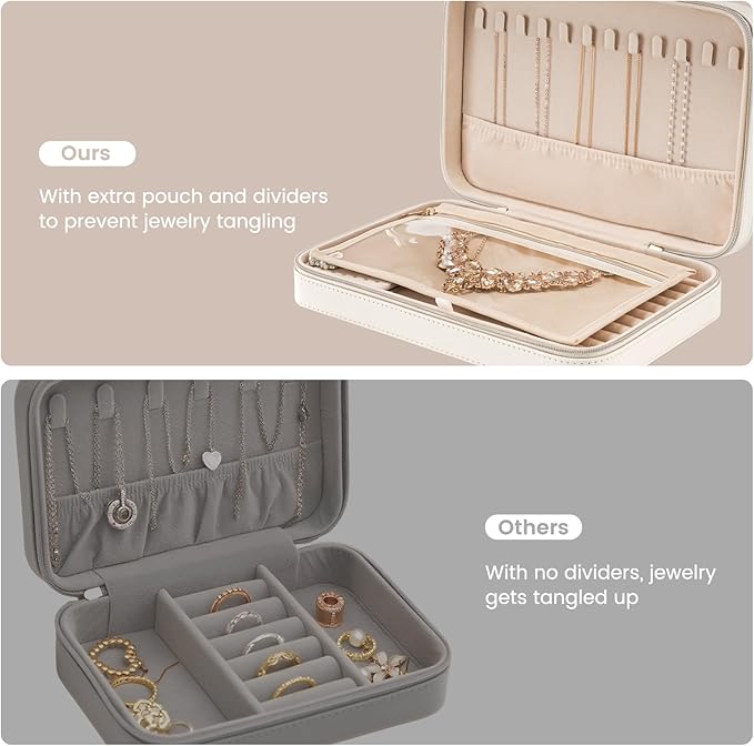 Lolalet Travel Jewelry Case for Women Girls, Travel Jewelry Organizer Box with Mirror & Clear Storage Bag, Small Portable Earring Necklace Bracelet Ring Case, Birthday Christmas Gifts -Large, White