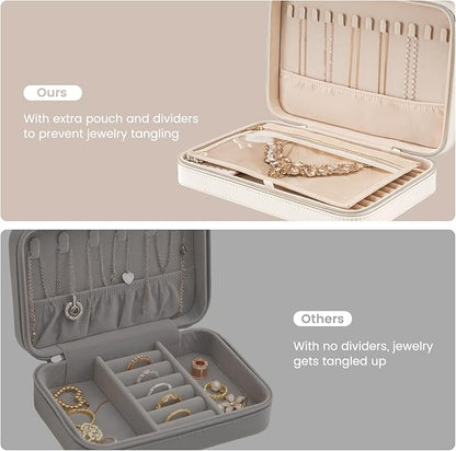 Lolalet Travel Jewelry Case for Women Girls, Travel Jewelry Organizer Box with Mirror & Clear Storage Bag, Small Portable Earring Necklace Bracelet Ring Case, Birthday Christmas Gifts -Large, White