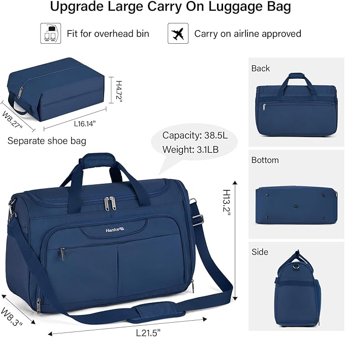 Hanke Carry On luggage Bags for Travel, Large Foldable Duffle Bag for Travel, Softside Lightweight Travel Bag Carry On Bags for Airplanes Women, Travel Tote Bags for Women Men.（Blue）