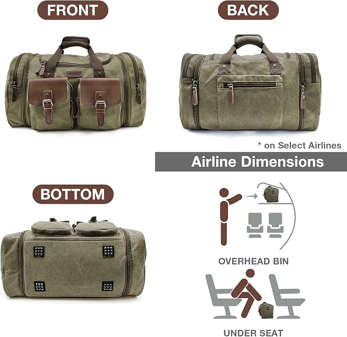 Wildroad 60L Travel Duffel Bag, Expandable Canvas Genuine Leather Duffle Bag Upgraded Overnight Weekender Bag Carry on Bag