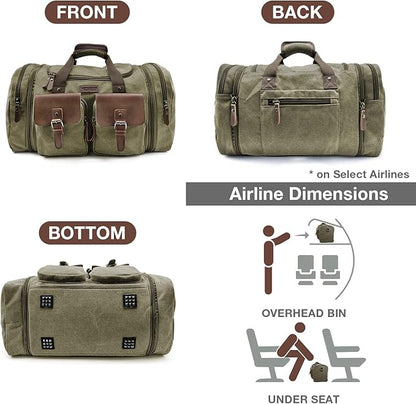 Wildroad 60L Travel Duffel Bag, Expandable Canvas Genuine Leather Duffle Bag Upgraded Overnight Weekender Bag Carry on Bag
