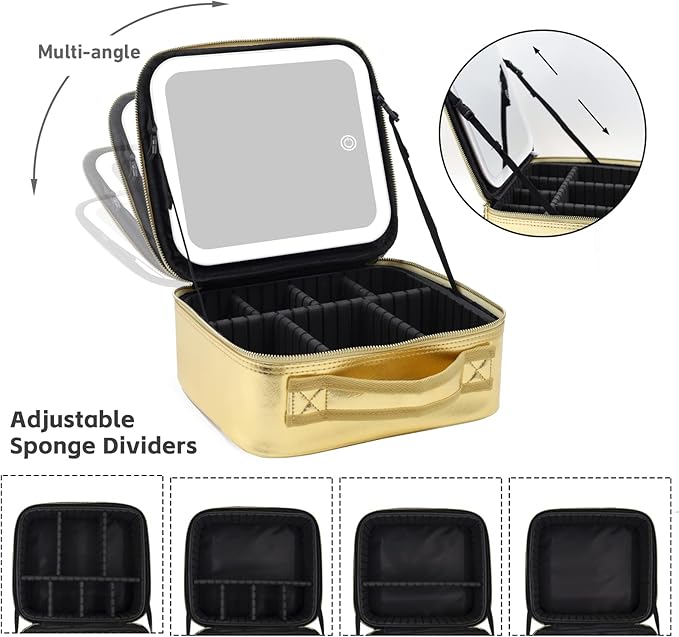 Makeup Case with Mirror and Lights, Travel Makeup Bag with Light up Mirror, Partitionable Cosmetic Bag with 3 Color Lights, Make up Organizer with Adjustable Dividers Large Brush Board