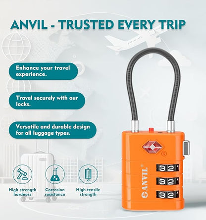 ANVIL TSA Approved Luggage Locks – High Security TSA008 Combination Travel Locks with Inspection Indicator for Suitcases and Backpacks. (2, Orange)