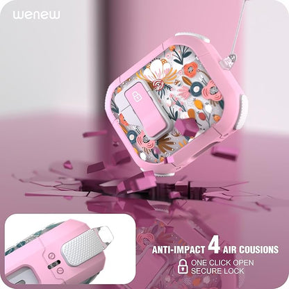 WENEW Case for AirPods 3 Case Cover Secure Lock Automatic Snap Switch Clip Cleaner Kit Lanyard Women Stylish Flower Armour Hard Shell Full Body Front LED Visible (Pink Flower, AirPods 3rd)