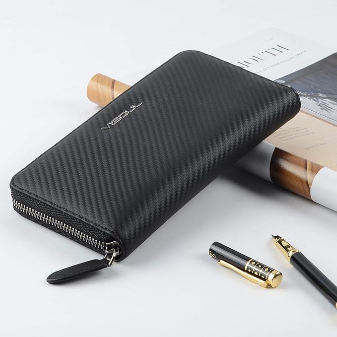 VISOUL Leather Long Zippered Pouch Wallet for Men with RFID Blocking Two-tone, Large Carbon Fiber Leather Clutch Cash Long Wallet with Zipper (Black+Orange)