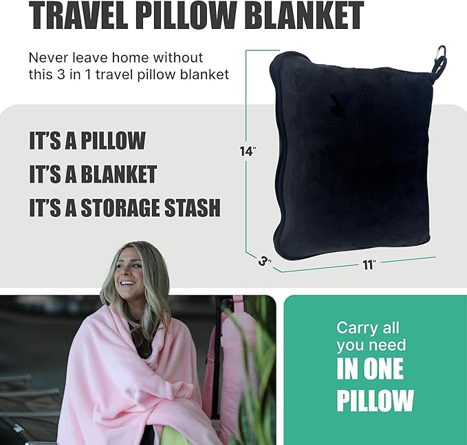 TAKE Off Travel Blanket & Plane Pillow Set – 3-in-1 Compact Blanket with Storage Pouch & Bottle Pocket – Converts to Pillow or Carry Bag – Lightweight Airplane Travel Essentials