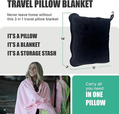 TAKE Off Travel Blanket & Plane Pillow Set – 3-in-1 Compact Blanket with Storage Pouch & Bottle Pocket – Converts to Pillow or Carry Bag – Lightweight Airplane Travel Essentials