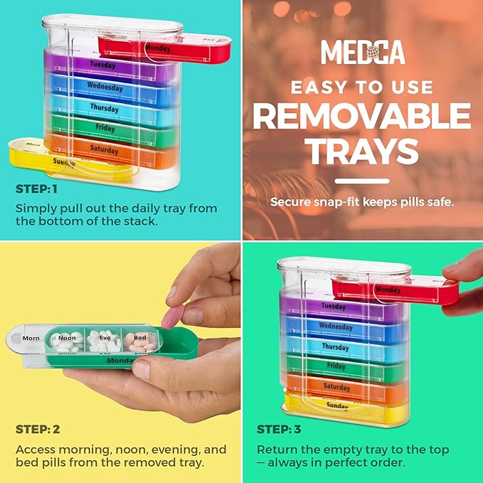 MEDca Weekly Pill Organizer, Four Times-a-Day, 1 Dispenser with Stackable AM/PM Compartments