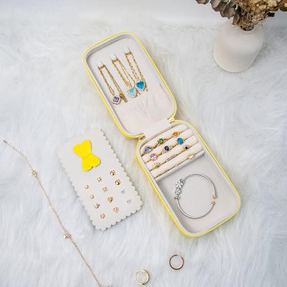 BONNY DODO Small Travel Jewelry Organizers Box for women with PU Leather Portable Mini Jewelry Case with compartments for Necklace Rings Earrings,Luxury Giftable boxes. (Yellow, M)