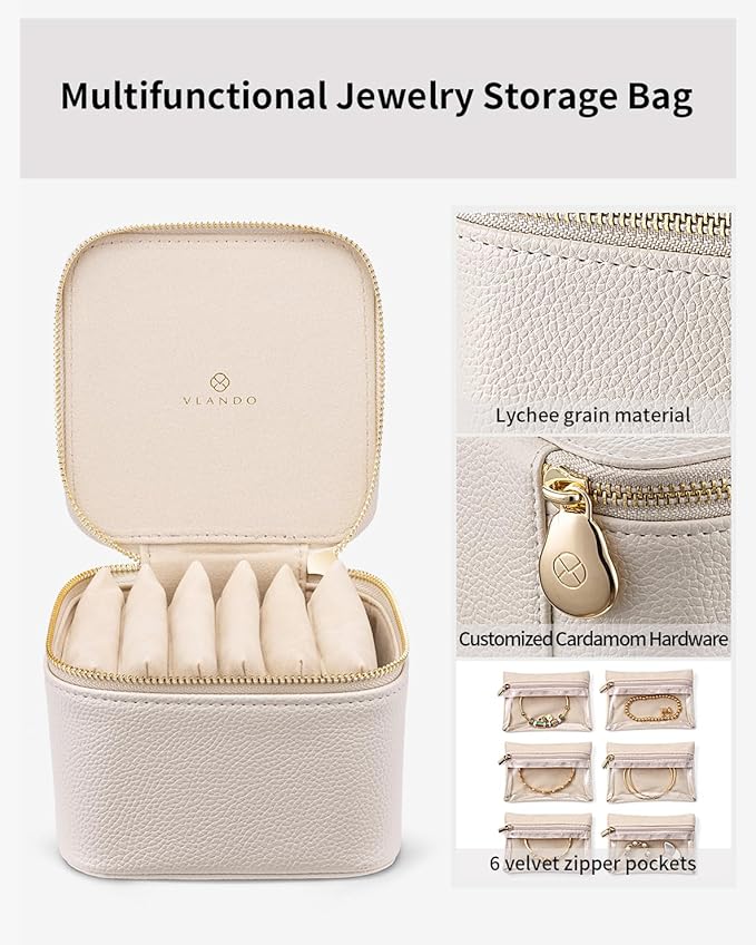 Vlando Travel Jewelry Case,Small Jewelry Box Organizer,Travel Jewelry Storage with 6 Velvet Jewelry Zipper Pockets, Birthday Gifts for Women Girls (White)