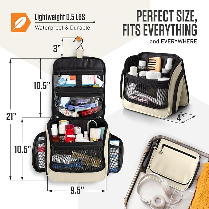 VENTURE 4TH Hanging Travel Toiletry Bag for Women & Men - Travel Organizer with Expandable Compartments & Removable Clear Pouch for Toiletries (Beige)
