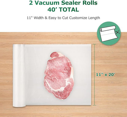 FRESKO Vacuum Sealer Bags Rolls 2 Packs 11" x 20', Commercial Grade Seal a Meal Bags for Storage Food and Sous Vide, BPA Free, Heavy Duty Customized Size Freezer Bags for Vacuum Sealer