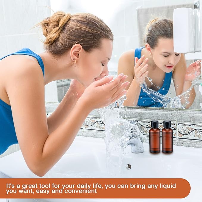 Eccliy 100 Pack 2 oz Travel Bottles Plastic Bottles with Lids Refillable Travel Size Cover Cap Plastic Liquid container for Toiletries Lotions Shampoo Creams Dispensing with 5 Funnels(Brown)