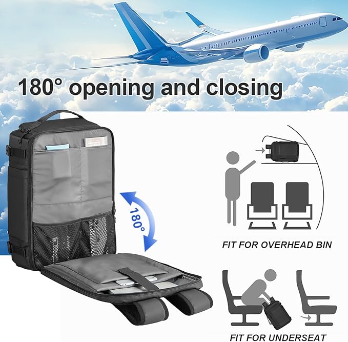 Carry On Travel Backpack Waterproof with Shoe Compartment Flight Approved Laptop Backpack Expandable Business Work Backpack for Women Men Casual Daypack, Black Film