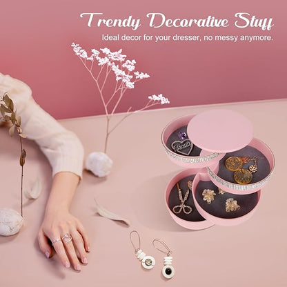 CONBOLA Jewelry Holder Organizer, Christmas Gifts Ideas for Women, Small Jewelry Storage Box Earring Holder, 5-Layer Rotating Jewelry Storage Tray with Lid for Bracelets Rings Bracelets