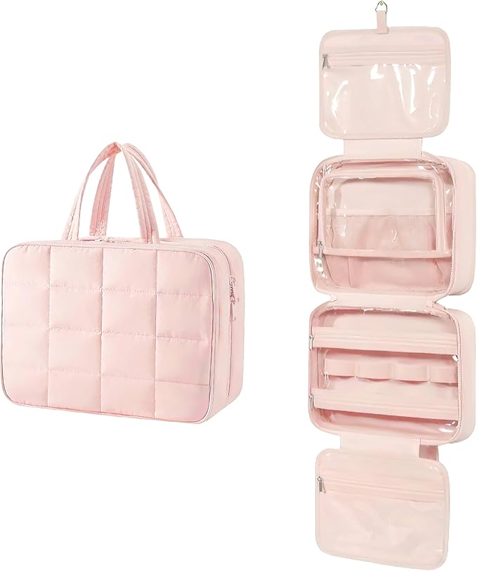 Travel Toiletry Bag for Women,Portable Hanging Travel Bag Cosmetic Jewelry Organizer,Makeup Bag for Toiletries,Full Sized Shampoo,Conditioner,Pink