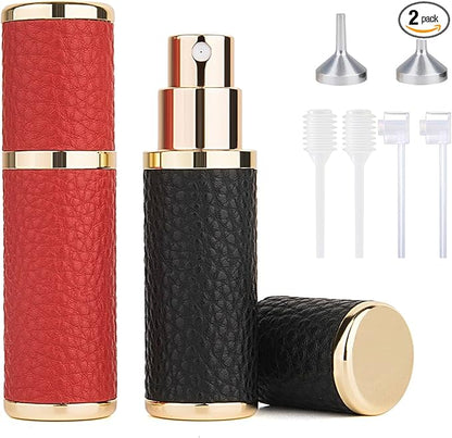 2Pcs Perfume Atomizer Bottle (5ML),Mini Refillable Empty Cologne Spray Bottle With Luxury Leather Case,for Travel Out Side Work Women and Men (Black+Red)