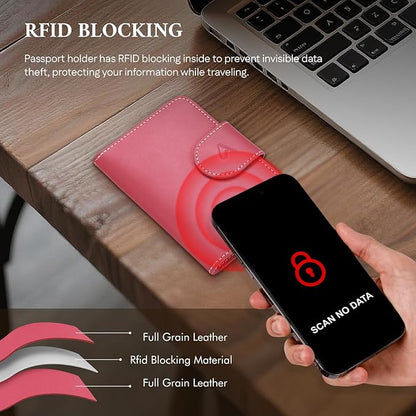 ALLIVE Rfid Passport Holder for Travel, Women, Rfid Passport Cover Wallet, Genuine Leather Passport Holder for Travel with AirTag Hidden, Airport Essentials, Travel Gifts (Rose Pink)