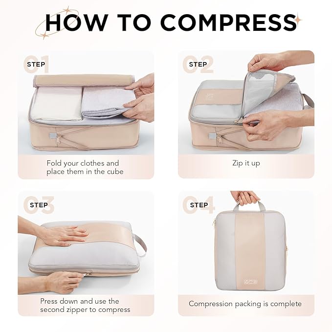 2 Set Compression Packing Cubes for Travel Essentials,Compressible Expandable Packing Cubes for Suitcase,OlarHike Luggage Organizer Bags for Travel,Handy Helper for Organizing Clothes(Beige)