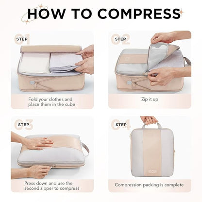 6 Set Compression Packing Cubes for Travel Essentials,Compressible Expandable Packing Cubes for Suitcase,OlarHike Luggage Organizer Bags for Travel,Handy Helper for Organizing Clothes(Beige)