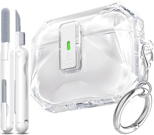 R-fun for AirPods Pro 3 Case (2025) Cover with Cleaning Kit, Military-Grade Shockproof Transparent Non-Yellowing, Auto Pop-Up Lid Design for AirPods Pro 3rd Generation Case, Clear White
