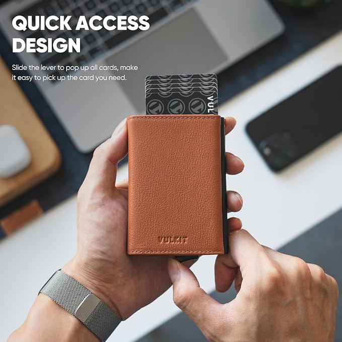 VULKIT Pop up Wallet Minimalist Cash Wallets RFID Blocking Leather Smart Credit Card Holder with Magnetic Closure for Men