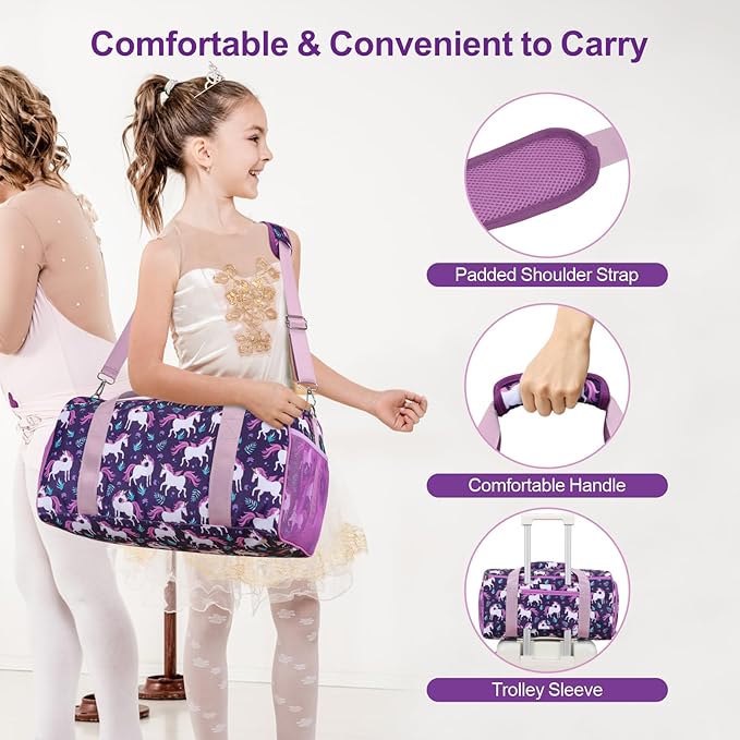 Bagseri Dance Bag for Girls - Ballet Bag for Girls with Shoes Compartment Kids Duffle Bag for Overnight Travel Sleepover with Dry Wet Separation Pockets (Deep Purple Unicorn)