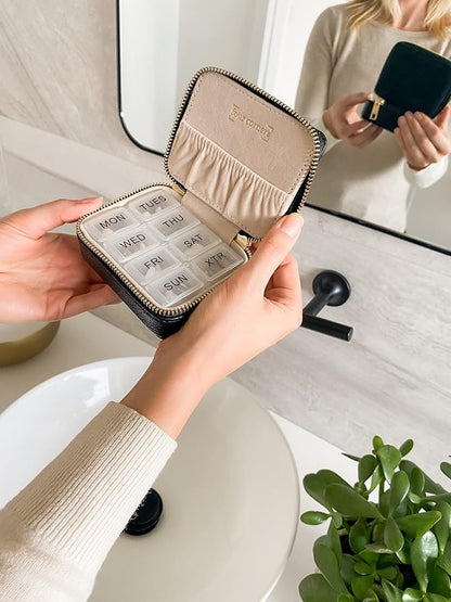 Weekly Pill Organizer 7 Day – Travel Pill Case for Vitamins & Medication, Premium Vegan Leather Pill Box with Removable Daily Compartments, Portable Supplement Organizer with Secure Zipper (Black)