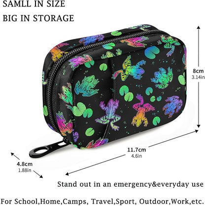 Fustylead Neon Color Frogs and Water Lily Leaves Travel Pill Organizer Case Zipper for Purse with Removable Weekly Pill Box for Medicine, Vitamin, Supplement Medicine Organizer