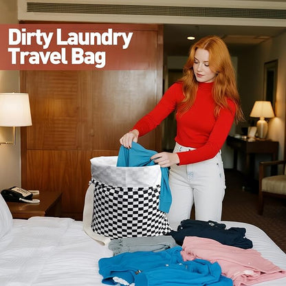 Laundry Bag, Dirty Backpack Laundry Bag For College Travel Laundromat Apartment, With Handles 29" X 18" (Black White Checkered)