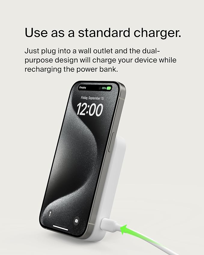 Belkin Portable Charger, Power Bank 10000 mAh w/ Qi2, iPhone Charger - MagSafe Charger w/Built-in Pop-up Kickstand for iPhone 17, Air, Pro, Pro Max, AirPods, Apple Watch, Google Pixel 10, etc - White