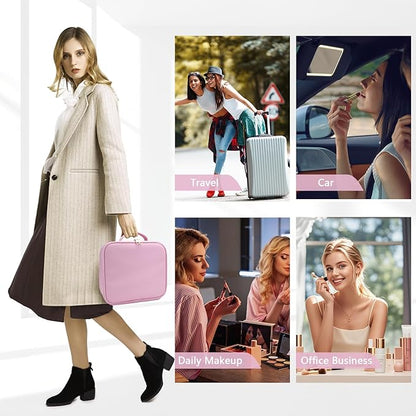 Travel Makeup Bag,with Mirror 3 Color Setting and Detachable 10x Magnifying Mirror Travel Makeup Bag,Portable Storage and Adjustable Dividers（Light Pink）