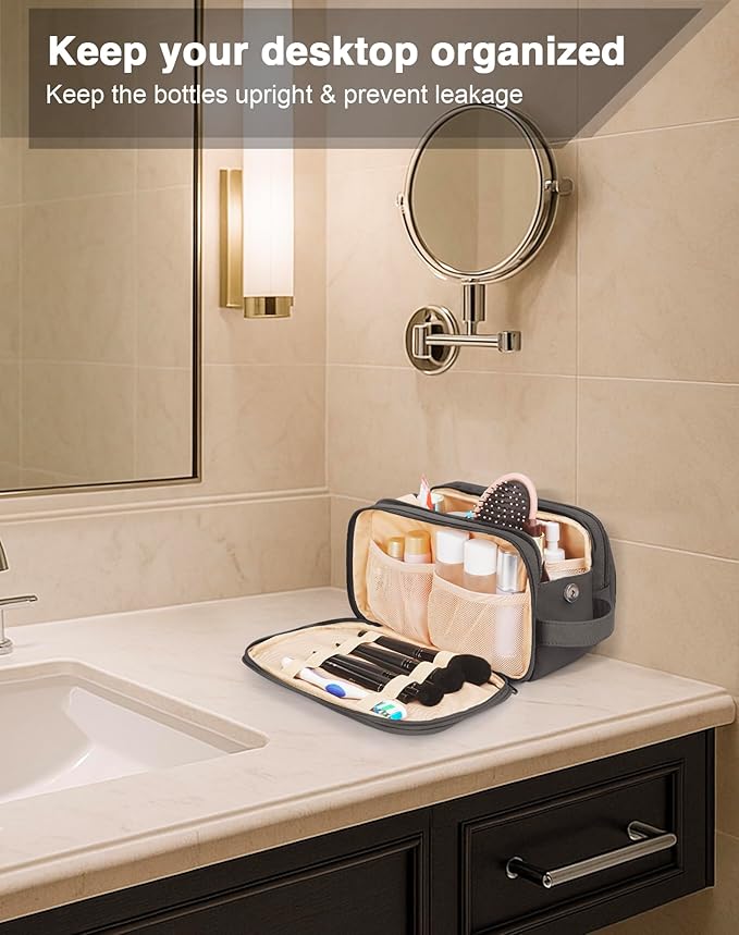 Toiletry Bag for Men & Women, Cruise Ship Travel Essentials, Shaving Dopp Kit with Dry and Wet Separation, Water-resistant Bathroom Cosmetic Organizer Bag, Makeup Accessories with Trolley Belt, Black