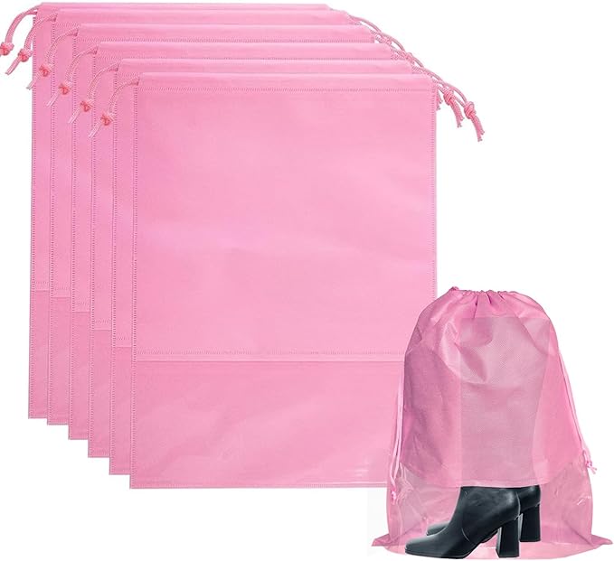 6 Pack Shoe Bags for Tall Boots, Knee High Boot Storage Bag, Non-Woven Drawstring Travel Shoe Organizer, Dust Bags for Purses and Handbags -19.6" X 23.6", Pink