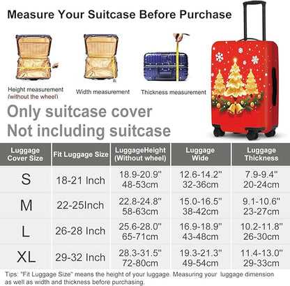 Golden Christmas Trees Luggage Cover - Sparkling Trees with Bells and Holly on Red Background, Elegant Holiday Design Stretchable Suitcase Protector for 32 34 Inch Travel Bags