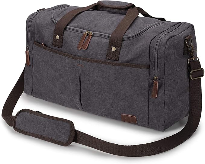 S-ZONE 65L Expandable Canvas Duffle Bag Travel Overnight Holdall Weekend Bag with Shoes Compartment Large Carry On Bag Tote Gym Bag for Men Women, Grey, L