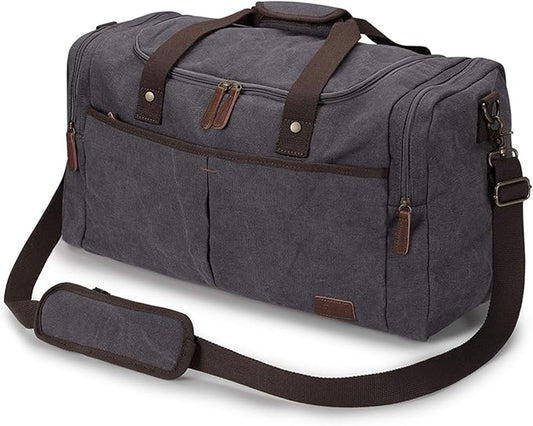 S-ZONE 65L Expandable Canvas Duffle Bag Travel Overnight Holdall Weekend Bag with Shoes Compartment Large Carry On Bag Tote Gym Bag for Men Women, Grey, L