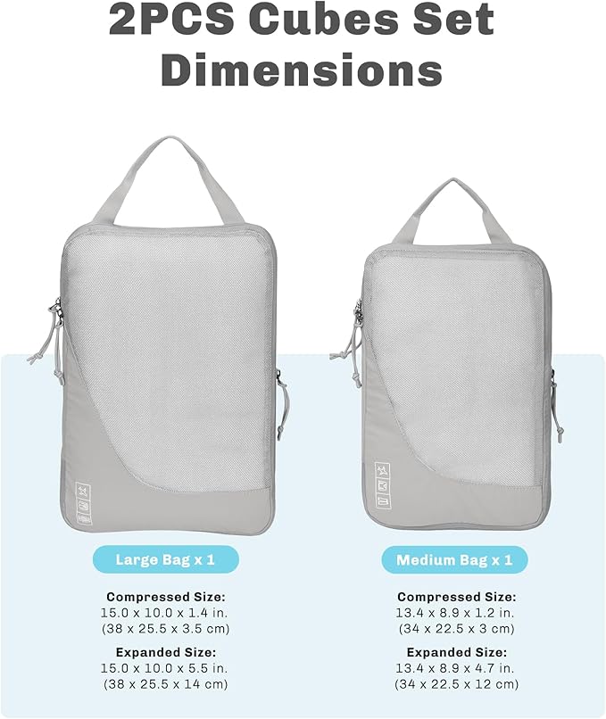 Hynes Eagle 6 Set/ 4 Set/ 2 Set Compression Packing Cubes Travel Essentials Lightweight Nylon Luggage Suitcase Organizer Bag Light Grey 2PCS