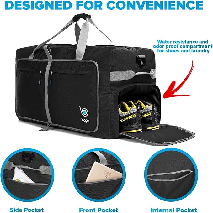 Bago Large Foldable Duffel Bags for Traveling Women & Men - 100L Packable Duffle Bag for Travel with Shoe Compartment - Water Repellant, Heavy Duty, Lightweight Folding & Collapsible (Black)