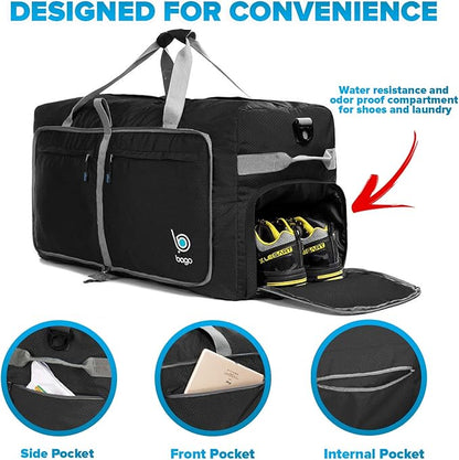 Bago Large Foldable Duffel Bags for Traveling Women & Men - 100L Packable Duffle Bag for Travel with Shoe Compartment - Water Repellant, Heavy Duty, Lightweight Folding & Collapsible (Black)