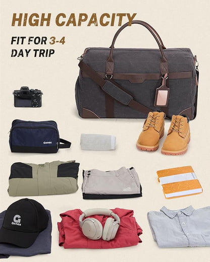 Gonex Waxed Canvas Duffle Bag for Travel, Water-resistant Vintage 55L Duffel Weekender with Shoes Compartment & Luggage Tag, Heavy-duty Overnight Bag with Suitcase Handle Sleeve for Men, Dark Grey