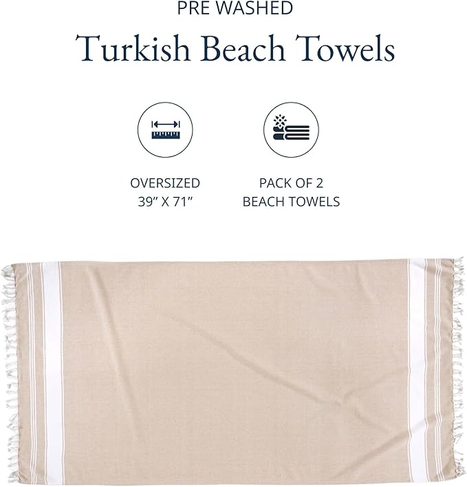 LANE LINEN Oversized Beach Towels, 2 Pack Turkish Towel Set for Adults, Lightweight, Quick Dry, Absorbent & Sand Proof, 39"x71" Pool Towels – Beige