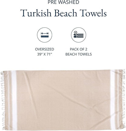 LANE LINEN Oversized Beach Towels, 2 Pack Turkish Towel Set for Adults, Lightweight, Quick Dry, Absorbent & Sand Proof, 39"x71" Pool Towels – Beige