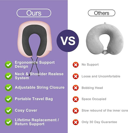 Neck Travel Pillow, Upgraded Memory Foam Pillow for Airplane, Machine Washable, Adjustable Flight Pillow, Suitable for Sleeping Airplane, Car, Office and Home (Pink)