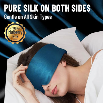 100% Mulberry Silk Sleep Mask, Large Eye Cover for Sleeping, Comfortable and Pressure-Free Sleeping Masks for Women Men, Completely Blackout (Peacock Blue)