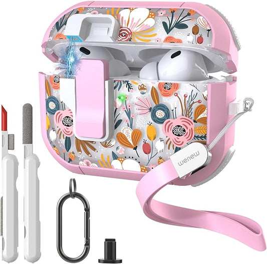 WENEW for AirPods Pro 3 Case (2025) Cover Secure Lock Automatic Snap Switch Clip Cleaner Kit Lanyard Women Stylish Flower Hard Shell Full Body Front LED Visible (Pink Flower, AirPods Pro 3)