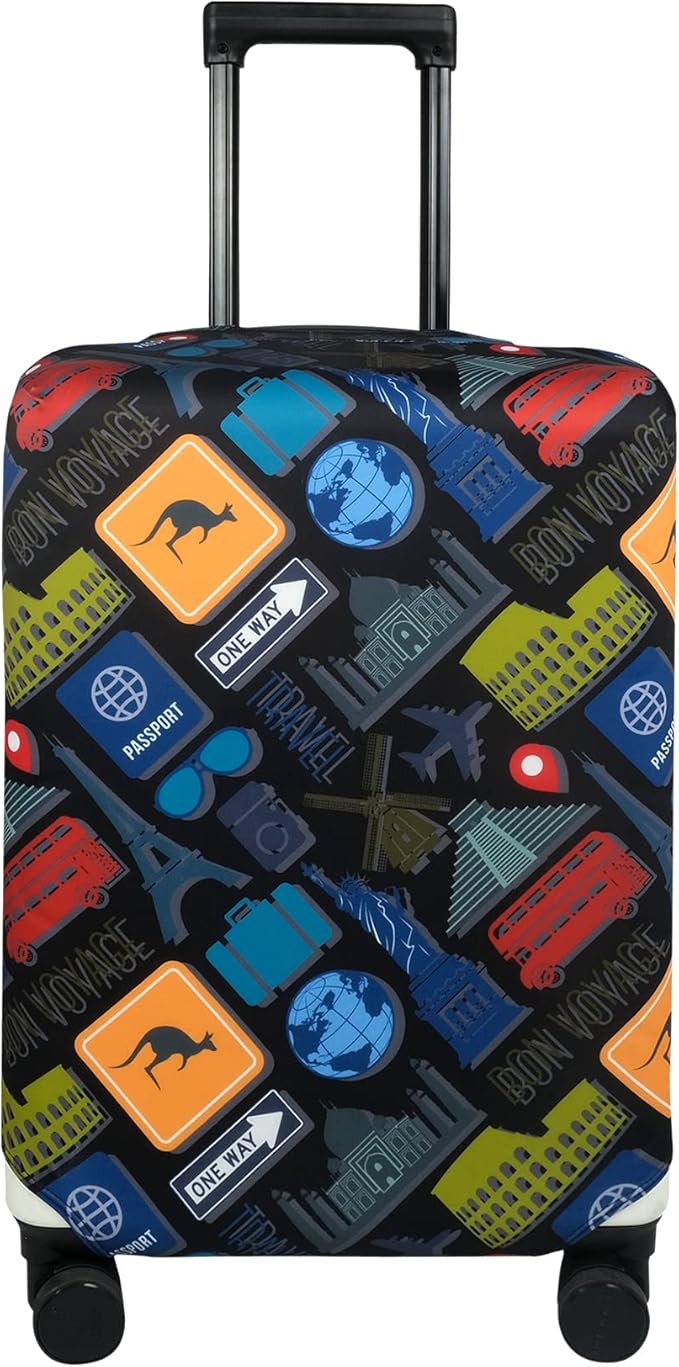 Explore Land Travel Luggage Cover Suitcase Protector Fits 27-30 Inch Case (Bon Voyage, L)