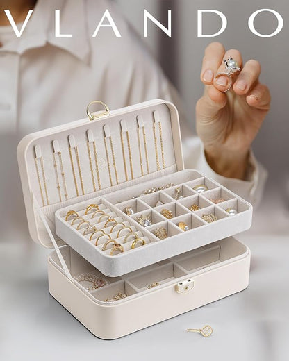 Vlando Jewelry Box Organizer for Women Girls, 2 Layer Jewelry Case with Lock,Jewelry Storage Earrings Necklace,Rings,Gift for Teachers Wedding Birthday Gifts-Cream White