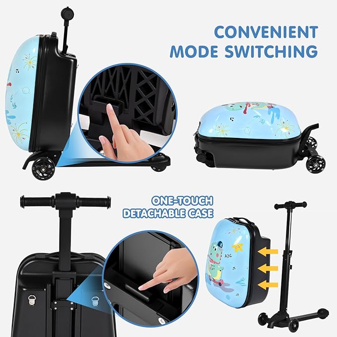 smilesun 4-in-1 Detachable Scooter Luggage for Kids & Teens, Hardside Ride-On Suitcase with Dinosaur Design, Lightweight Foldable, Perfect Travel Gift for Boys(Light Blue 22-inch)