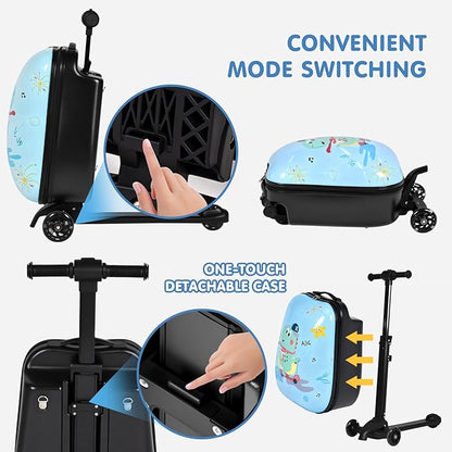 smilesun 4-in-1 Detachable Scooter Luggage for Kids & Teens, Hardside Ride-On Suitcase with Dinosaur Design, Lightweight Foldable, Perfect Travel Gift for Boys(Light Blue 22-inch)